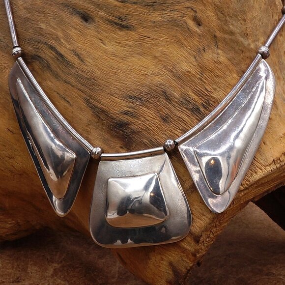 Vintage Native American Modernist Silver Bib Necklace Carlos Diaz Style 17" - Picture 8 of 13